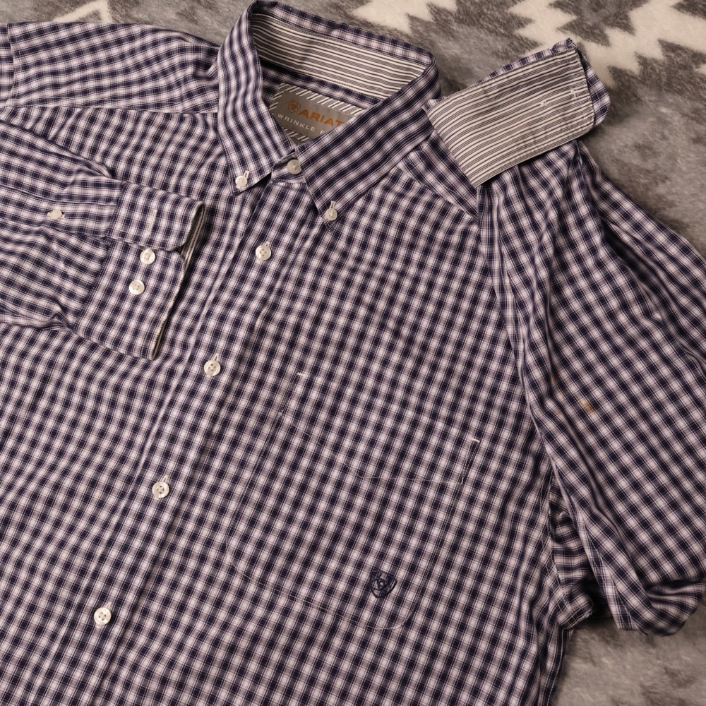 Ariat Mens Purple White Micro Check Wrinkle Free Button Down Shirt Large L